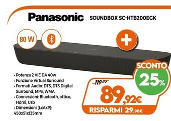 Expert Panasonic SC-HTB200EGK Con Cavo E Senza Cavo 2.0canali 80W Nero Altoparlante Soundbar offerta