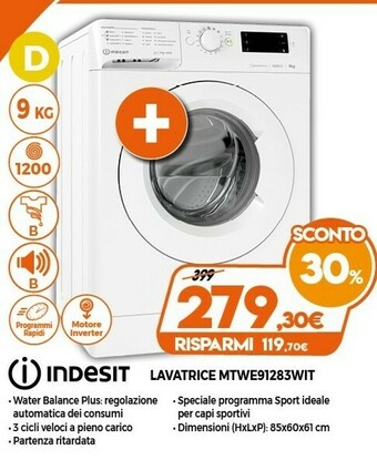 Expert Indesit MTWE 91283 W IT Lavatrice Libera Installazione Caricamento Frontale 9 Kg 1200 Giri/min D Bianco offerta