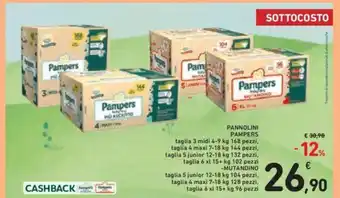 Conad Pampers Pannolini taglia 3 midi 4-9 kg 168 pezzi, Mutandino taglia 5 junior 12-18 kg 104 pezzi offerta