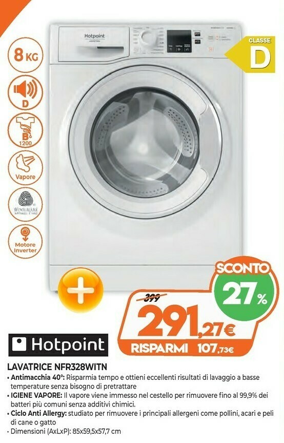 Hotpoint NFR328W IT N Lavatrice Libera Installazione Caricamento Frontale  Bianco 8 Kg 1200 Giri/min A+++ offerta di Expert