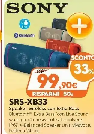 Expert Sony SRS XB33 - Speaker Bluetooth Waterproof, Cassa Portatile Con Autonomia Fino A 24 Ore E Effetti Luminosi (Blu) offerta