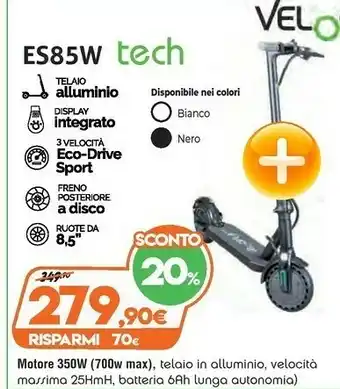 Expert Velociptor ES 85W Monopattino Elettrico 25 Km/h Nero 6 VAh offerta