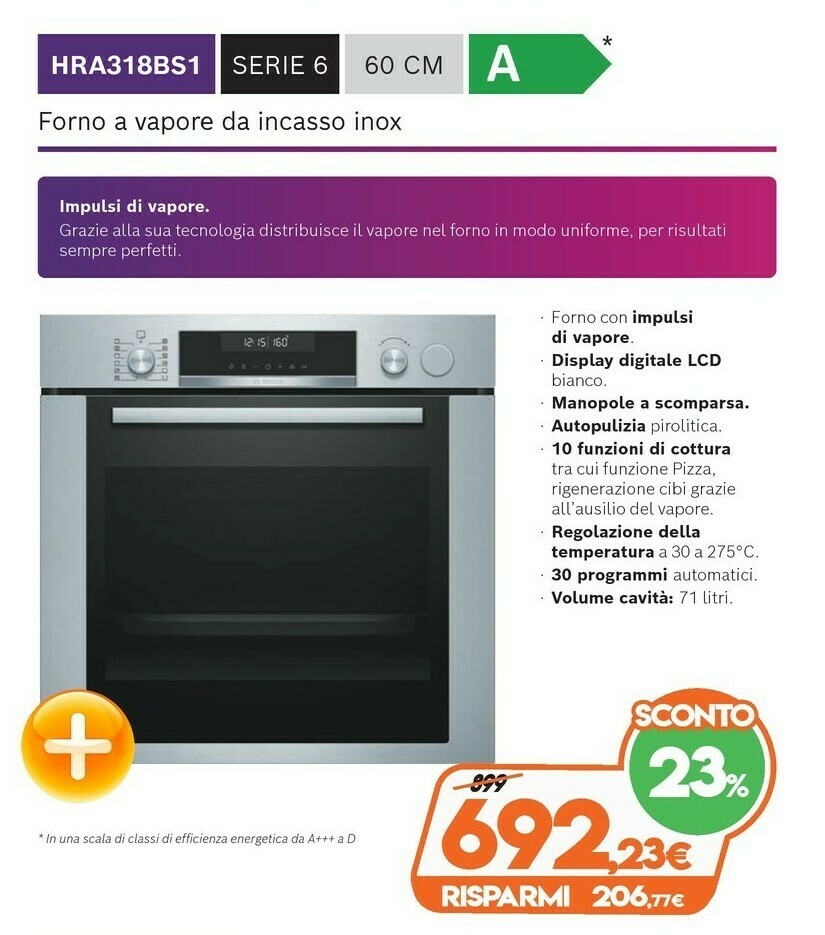 Bosch Serie 6 HRA318BS1 Forno A Vapore Media Acciaio Inossidabile Pulsanti,  Manopola offerta di Expert