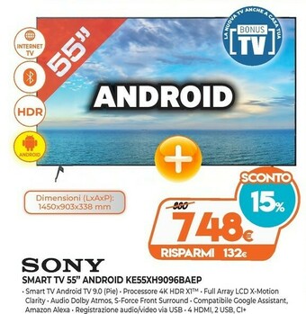 Expert Sony KD-55XH9096 139,7 Cm (55") 4K Ultra HD Smart TV Wi-Fi Nero offerta