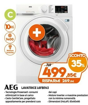 Expert Aeg L6FBI143 Lavatrice Libera Installazione Caricamento Frontale 10 Kg 1400 Giri/min A+++-30% Bianco offerta