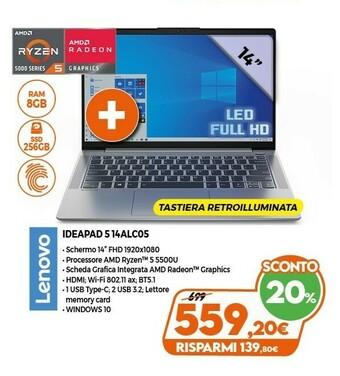 Lenovo 5 14ALC05 DDR4-SDRAM Computer Portatile 35,6 Cm (14") 1920 X 1080 Pixel AMD Ryzen 5 8 GB 256 GB SSD Wi-Fi 6 (802.11ax)