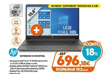 Expert HP 15-dw1075nl DDR4-SDRAM Computer Portatile 39,6 Cm (15.6") 1920 X 1080 Pixel Intel® Core™ I7 Di Decima Generazione 8 GB 256 offerta