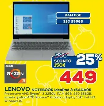 Euronics Lenovo IdeaPad 3 15ADA05 Computer Portatile 39,6 Cm (15.6") 1920 X 1080 Pixel AMD Ryzen 3 8 GB DDR4-SDRAM 512 GB SSD Wi-Fi 5  offerta