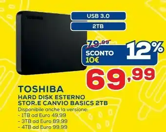 Euronics Toshiba Hard Disk Esterno Store Canvio Basics 2tb offerta