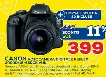 Euronics Canon EOS 2000D + EF-S 18-55mm F/3.5-5.6 IS II Kit Fotocamere SLR 24,1 MP CMOS 6000 X 4000 Pixel Nero offerta