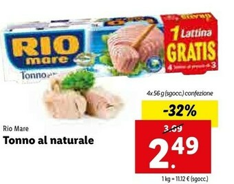 Lidl Rio Mare Tonno Al Naturale offerta
