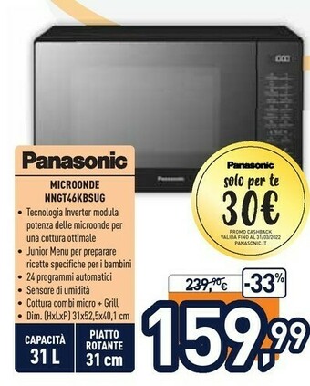 Unieuro Panasonic NN-GT46 , Microonde Grill, 31 Lt, 24 Programmi Automatici, Inverter offerta