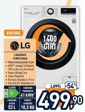 Unieuro LG F4WV310S6E Lavatrice Intelligente AIDD 10,5kg Vapore 1400 Giri/min Carica Frontale Classe B offerta