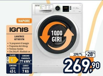 Unieuro Ignis IG 71051 IT N Lavatrice Libera Installazione Caricamento Frontale 7 Kg 1000 Giri/min E Bianco offerta