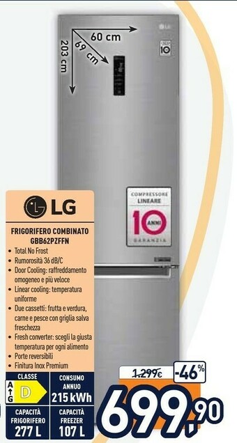 Unieuro LG GBB62PZFFN Frigorifero Con Congelatore Libera Installazione 384 L D Acciaio Inossidabile offerta