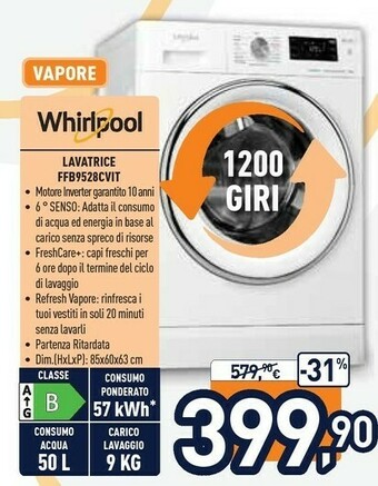 Unieuro Whirlpool FFB 9258 CV IT Lavatrice Libera Installazione Caricamento Frontale 9 Kg 1200 Giri/min B Bianco offerta