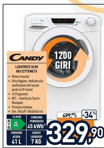 Unieuro Candy Ultra HE4 127TXME/1-S Lavatrice Libera Installazione Caricamento Frontale 7 Kg 1200 Giri/min A Bianco offerta