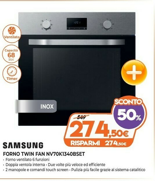 Samsung NV70K1340BS/ET Forno 68 L A Nero, Acciaio Inossidabile offerta di  Expert