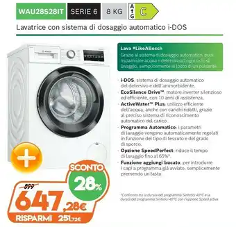 Expert Bosch Serie 6 WAU28S28IT Lavatrice Libera Installazione Caricamento Frontale Bianco 8 Kg 1400 Giri/min A+++ offerta