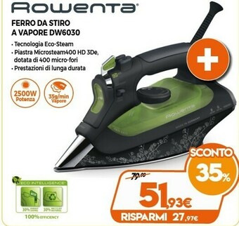Expert Rowenta Eco Intelligence DW6030 Ferro Da Stiro A Vapore, 2500 W, Plastica, Nero/Verde offerta