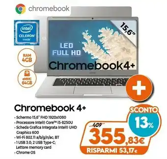 Expert Samsung Chromebook 4+ Argento 39,6 Cm (15.6") 1920 X 1080 Pixel Intel® Celeron® 4 GB LPDDR4-SDRAM 64 GB EMMC Wi-Fi 5 (802.11a offerta