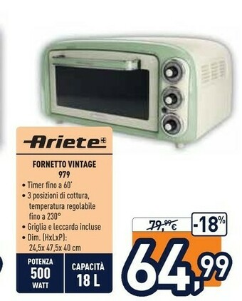 Unieuro Ariete Fornetto Vintage 979 18 L 500 WATT offerta