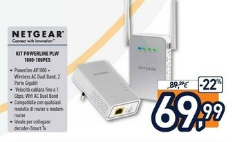 Unieuro Netgear PL1000-100PES Adattatore Di Rete Powerline 1000 Mbit/s Collegamento Ethernet LAN Bianco 2 Pezzo(i) offerta