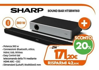 Expert Sharp HT-SBW160 Altoparlante Soundbar 2.1 Canali 360 W Nero, Bianco offerta