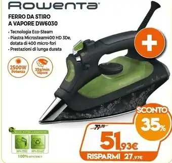 Rowenta Eco Intelligence DW6030 Ferro Da Stiro A Vapore, 2500 W, Plastica, Nero/Verde