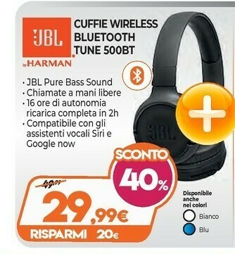 Jbl Live 500BT Cuffia Padiglione Auricolare Nero offerta di Expert