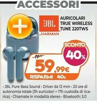 Expert Jbl Tune 220TWS Cuffia Auricolare Blu offerta