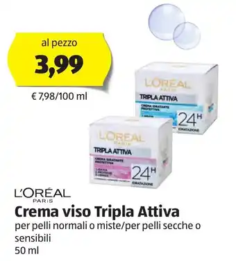 ALDI L'oreal Crema viso Tripla Attiva 50 ml offerta