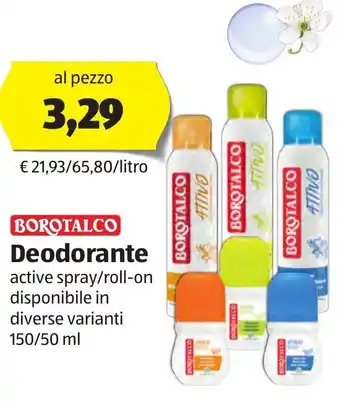 ALDI Borotalco Deodorante active spray/roll on 150/50 ml offerta