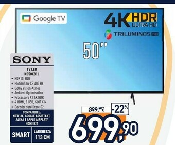 Unieuro Sony BRAVIA KD50X81J - Smart Tv 50 Pollici, 4k Ultra HD LED, HDR, Con Google TV (Nero, Modello 2021) offerta