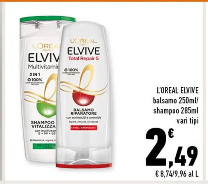 L'Oreal Elvive balsamo 250 ml/ shampoo 285 ml vari tipi offerta di Conad