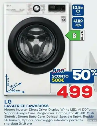 Euronics LG F4WV3010S6W Lavatrice Libera Installazione Caricamento Frontale 10,5 Kg 1400 Giri/min B Bianco offerta