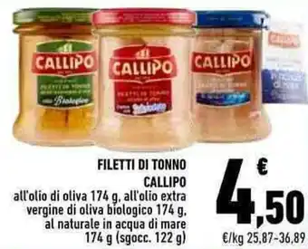 Conad Callipo Filetti di Tonno all'olio di Oliva 174 g, all'olio extra vergine di oliva biologico 174g offerta