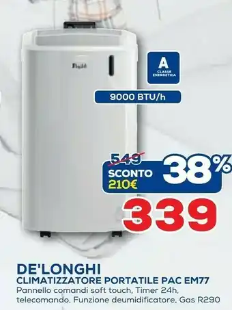 Euronics De Longhi PAC EM77 Climatizzatore Portatile Pannello Comandi Soft Touch offerta