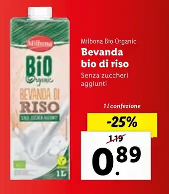 Lidl Milbona Bio Organic Bevanda Bio di Riso Senza Zuccheri Aggiunti 1 l confezione offerta