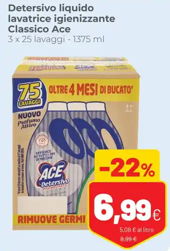 Ace Detersivo liquido lavatrice igienizzante Classico 3 x 25 lavaggi - 1375 ml