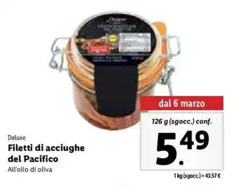 Lidl Deluxe Filetti di acciughe del Pacifico All'olio di oliva 126 g offerta
