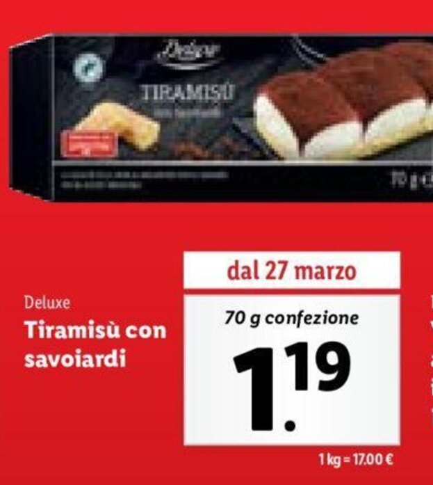 Deluxe Tiramisù con savoiardi 70 g offerta di Lidl