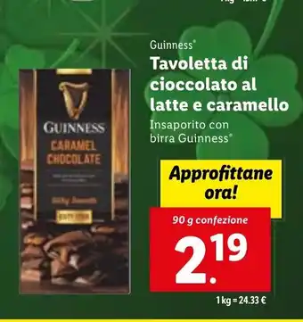 Lidl Guinness Tavoletta di cioccolato al latte e caramello Insaporito con birra Guinness 90 g confezione offerta