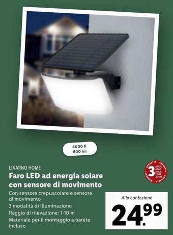 Lidl Livarno Home Faro LED ad energia solare con sensore di movimento offerta