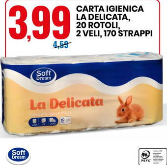 Soft Dream Carta Igienica La Delicata, 20 Rotoli, 2 Veli, 170 Strappi