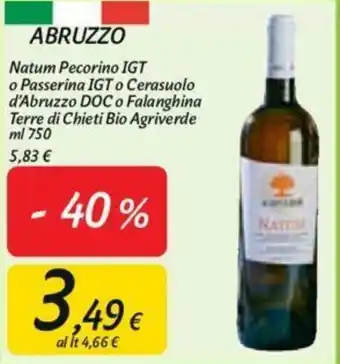 Carrefour Natum Pecorino IGT o Passerina IGT o Cerasuolo d'Abruzzo DOC o Falanghina Terre di Chieti Bio Agriverde 750ml offerta