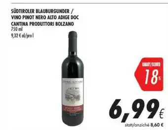 Coop Cantina produttori bolzano Vino Pinot Nero Alto Adige Doc offerta