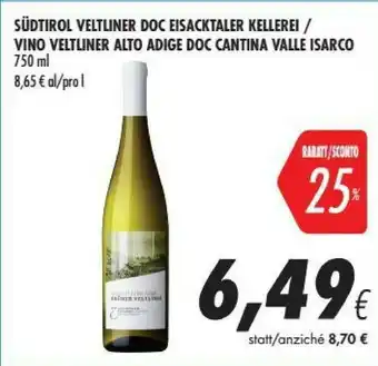 Coop Cantina Valle Isarco Veltliner Alto Adige Doc 750ml offerta