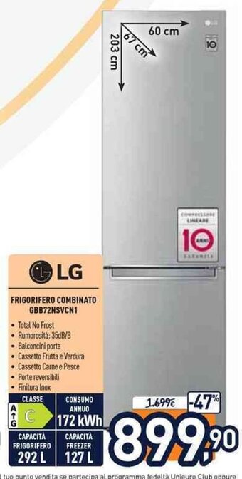 Unieuro LG Frigorifero Combinato GBB72NSVCN1 offerta