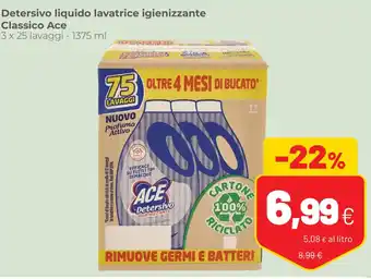 Ace Detersivo liquido lavatrice igienizzante Classico 3 x 24 lavaggi 1375 ml